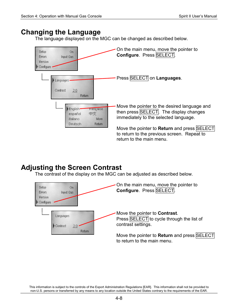 Changing the language, Adjusting the screen contrast | Lincoln Electric 718118 Spirit II 400 User Manual | Page 52 / 146