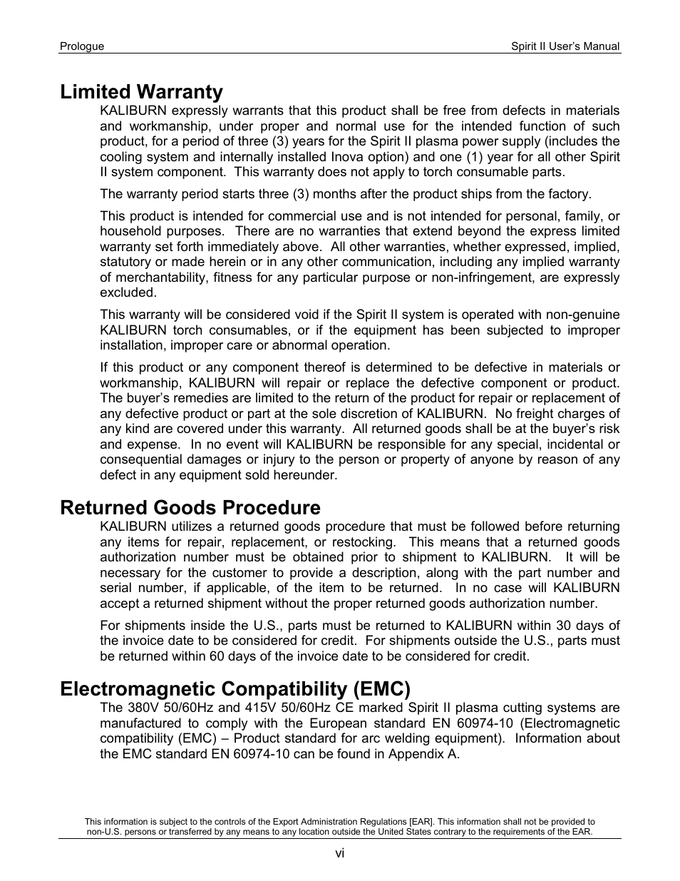 Limited warranty, Returned goods procedure, Electromagnetic compatibility (emc) | Lincoln Electric 718118 Spirit II 400 User Manual | Page 6 / 146