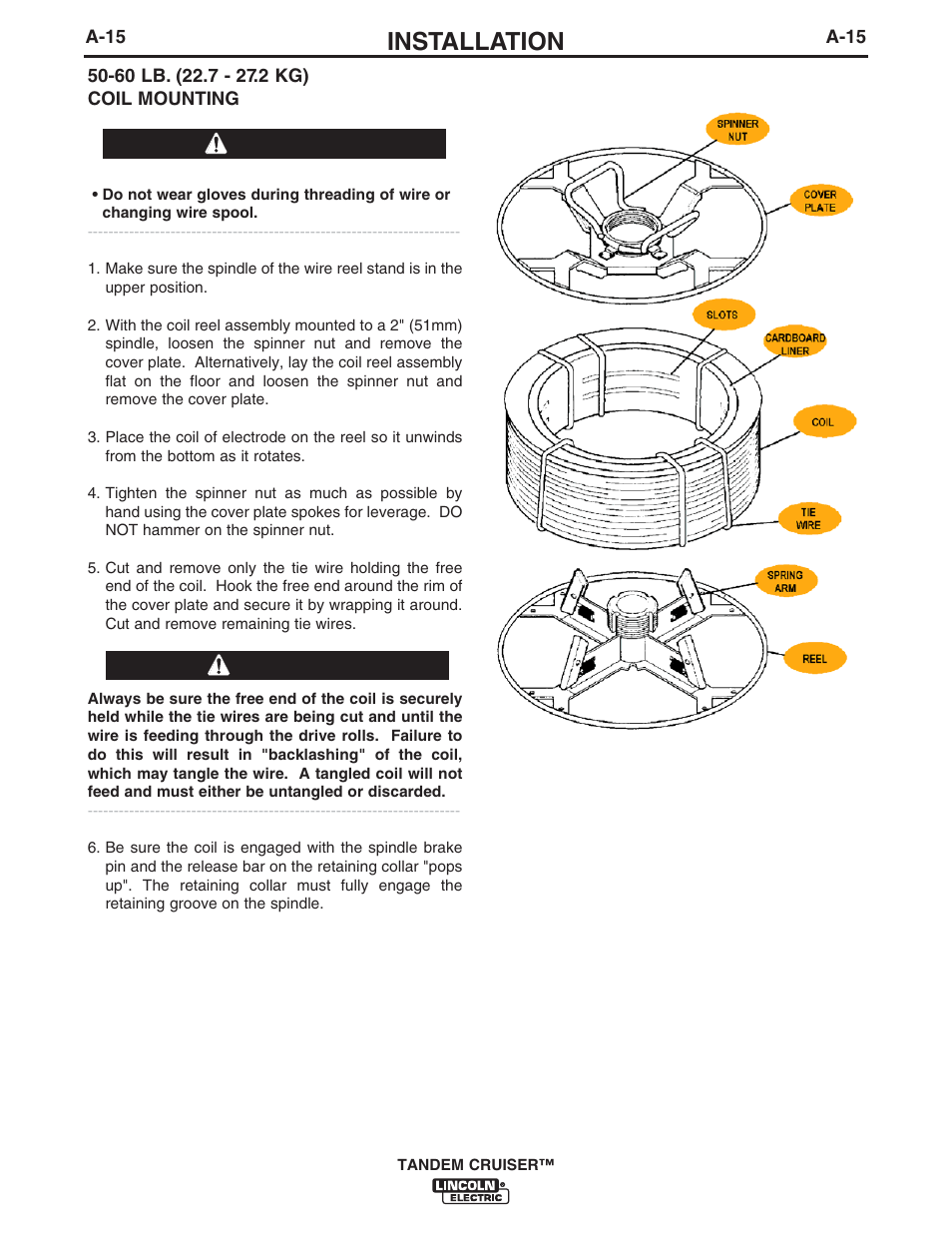 Installation, Warning caution | Lincoln Electric IM10114 TANDEM CRUISER User Manual | Page 22 / 64