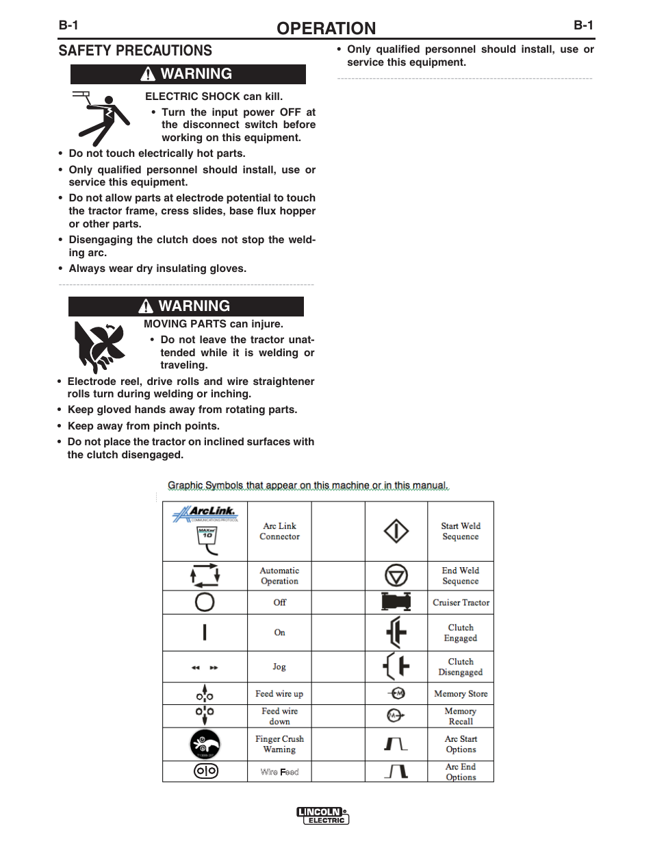 Operation, Safety precautions, Warning | Lincoln Electric IM10114 TANDEM CRUISER User Manual | Page 37 / 64