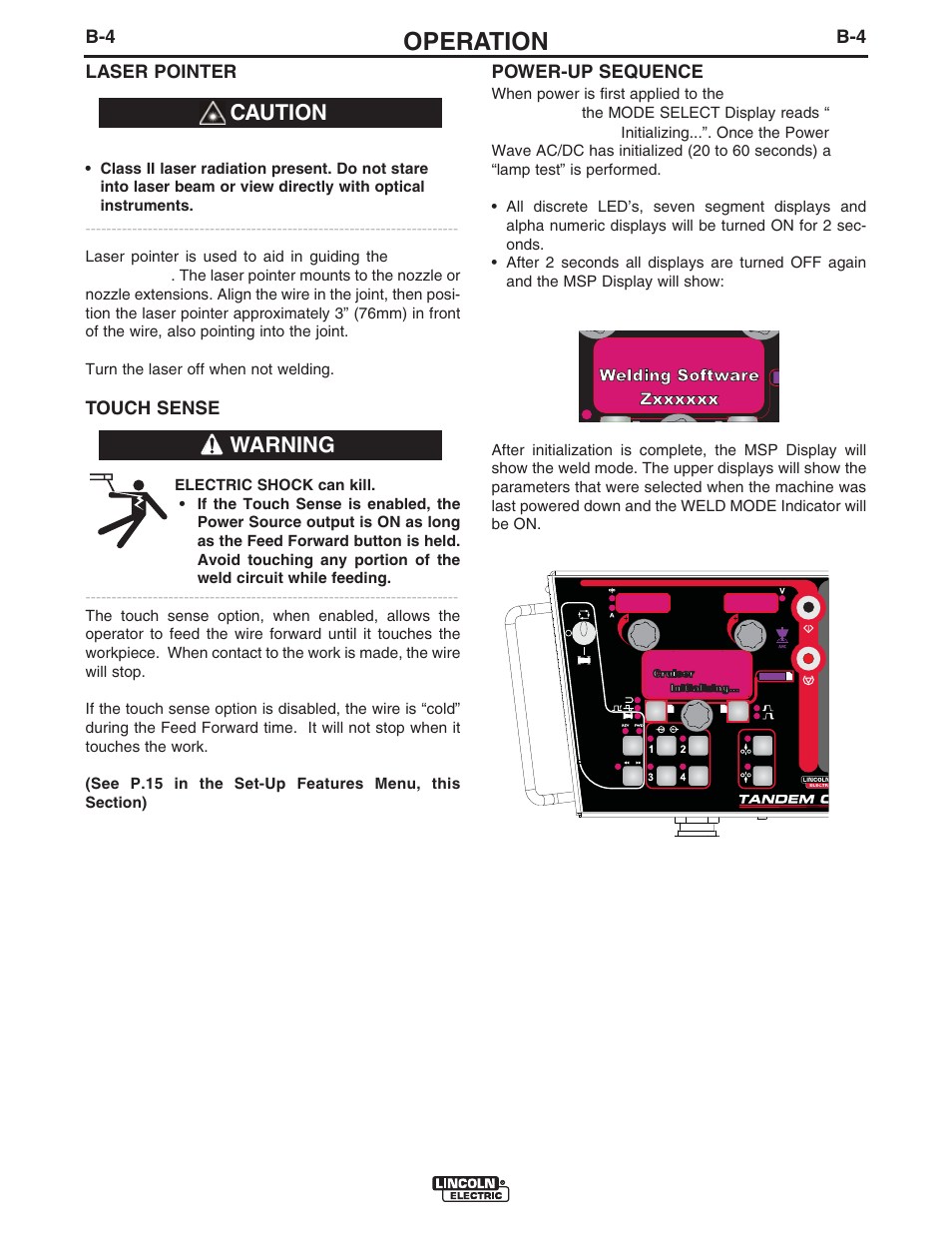 Operation, Caution, Warning | Lincoln Electric IM10114 TANDEM CRUISER User Manual | Page 40 / 64