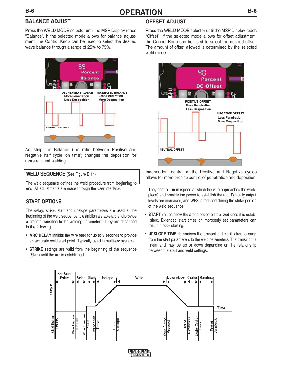 Operation, B-6 balance adjust, Offset adjust | Weld sequence, Start options | Lincoln Electric IM10114 TANDEM CRUISER User Manual | Page 42 / 64