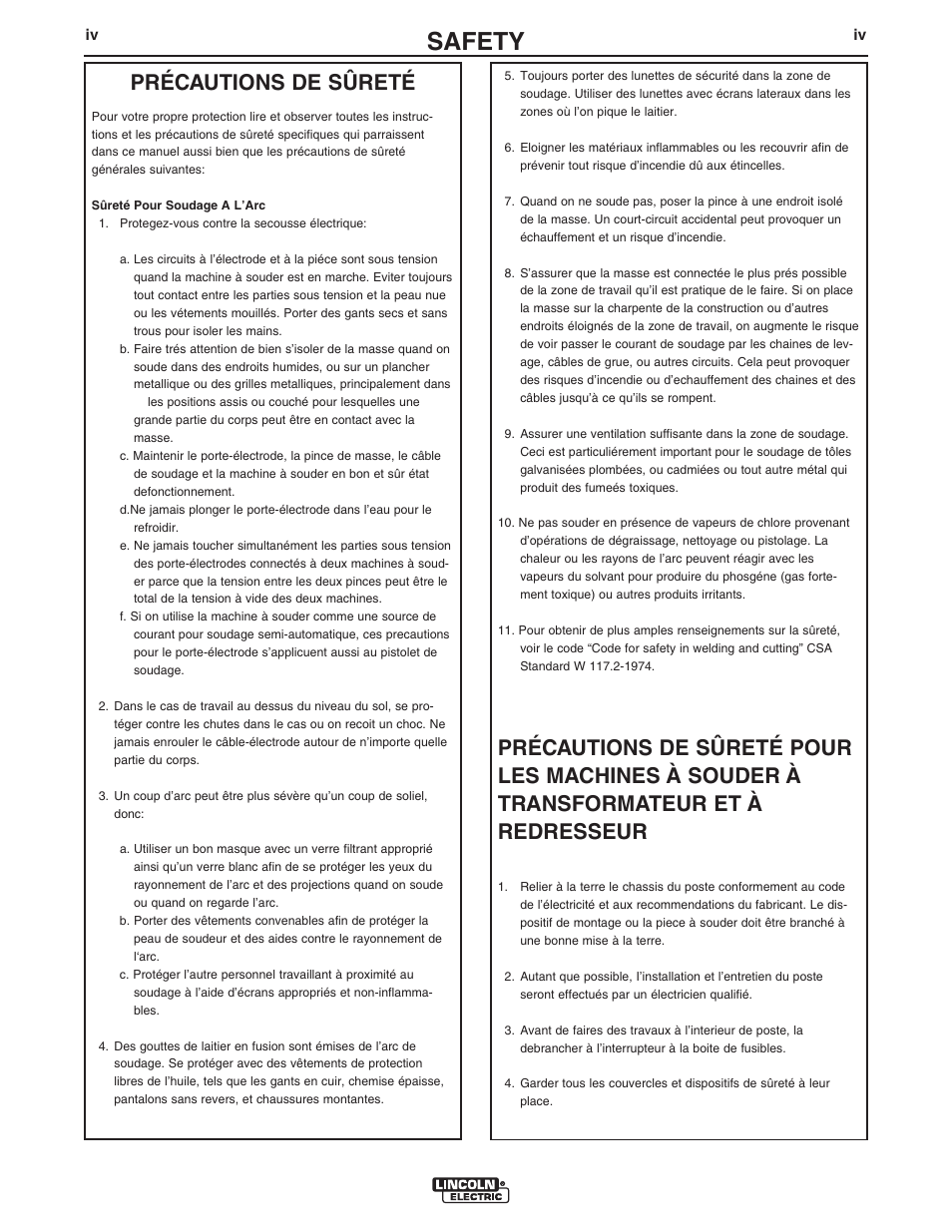 Safety, Précautions de sûreté | Lincoln Electric IM10114 TANDEM CRUISER User Manual | Page 5 / 64