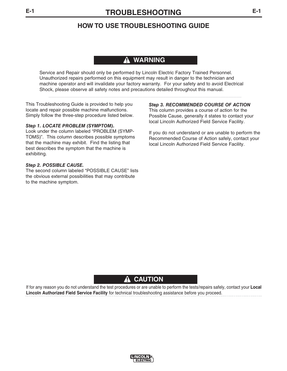 Troubleshooting, Caution, How to use troubleshooting guide | Warning | Lincoln Electric IM10114 TANDEM CRUISER User Manual | Page 55 / 64