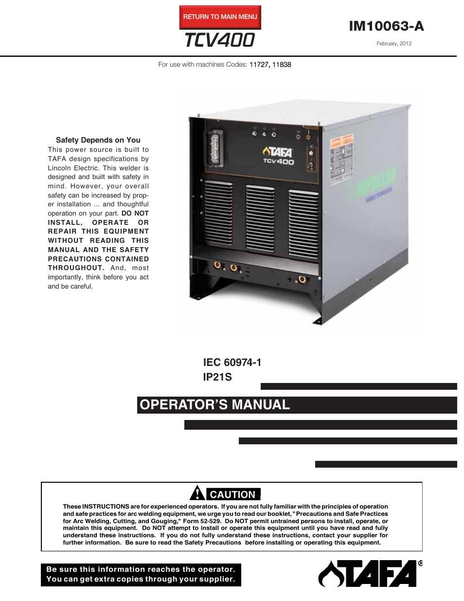 Lincoln Electric IM10063 TCV400 User Manual | 31 pages