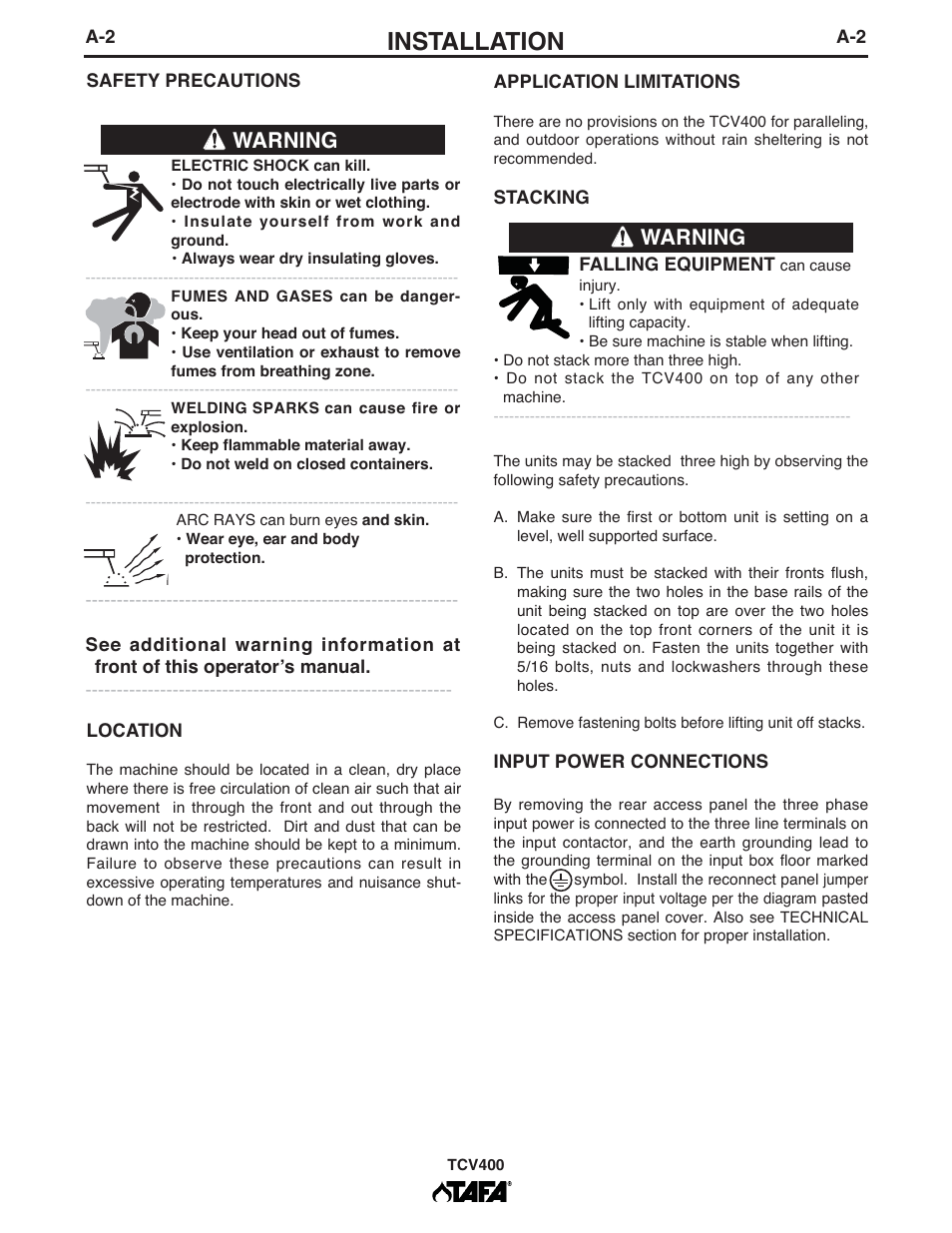 Installation, Warning | Lincoln Electric IM10063 TCV400 User Manual | Page 10 / 31