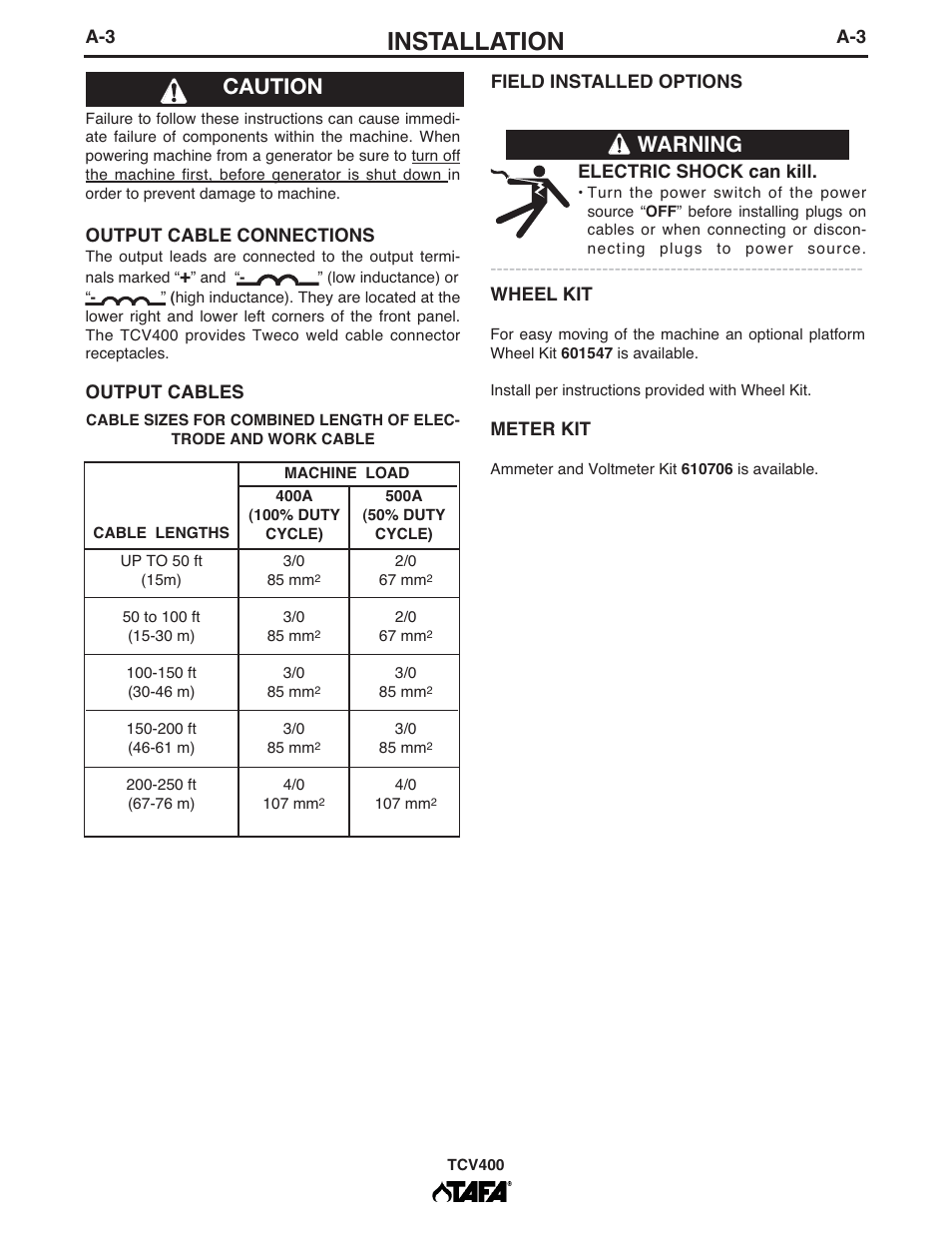 Installation, Warning caution | Lincoln Electric IM10063 TCV400 User Manual | Page 11 / 31