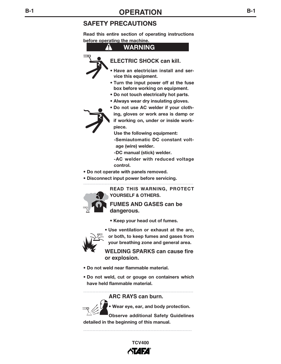 Operation, Safety precautions, Warning | Lincoln Electric IM10063 TCV400 User Manual | Page 12 / 31