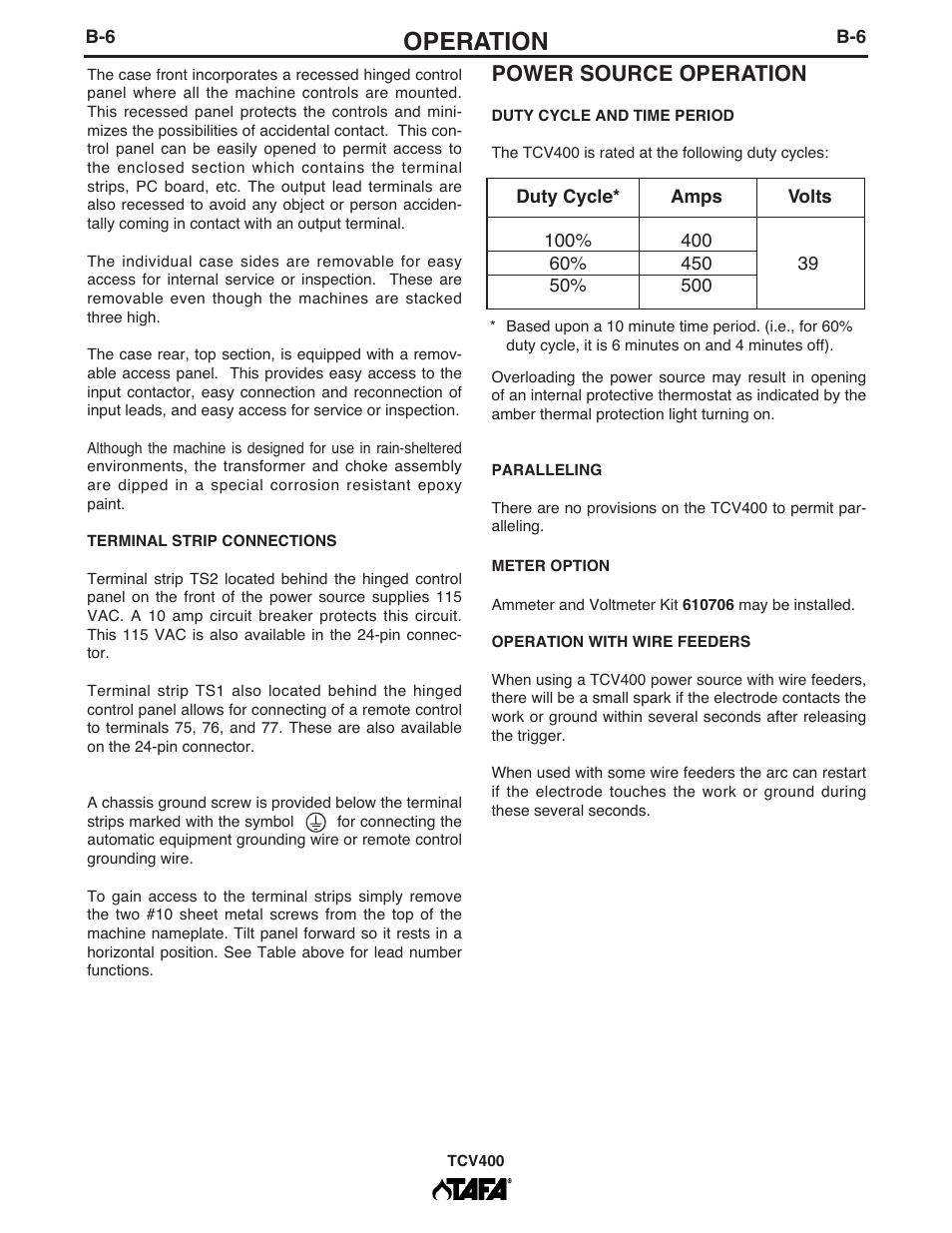 Operation, Power source operation | Lincoln Electric IM10063 TCV400 User Manual | Page 17 / 31