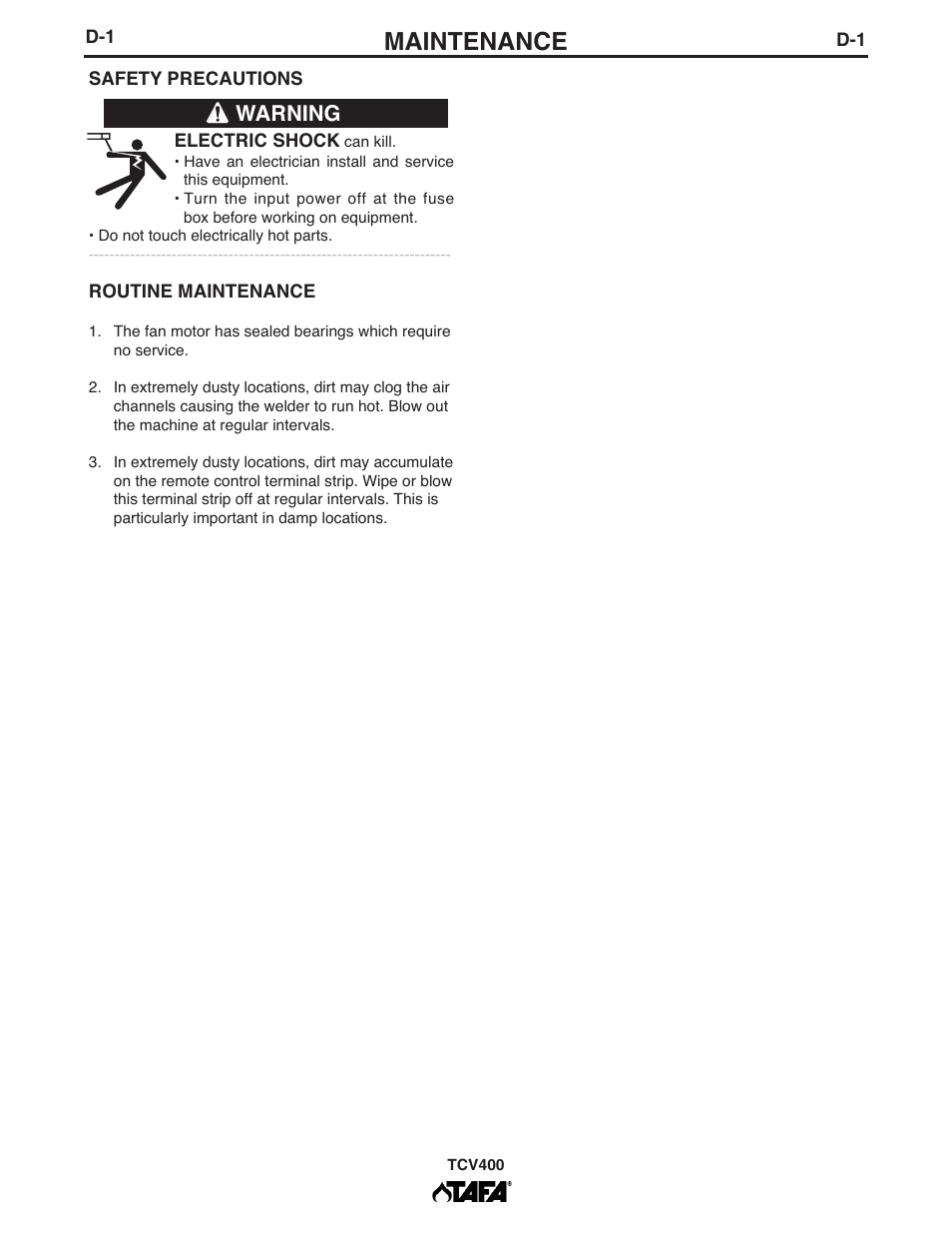 Maintenance, Warning | Lincoln Electric IM10063 TCV400 User Manual | Page 19 / 31