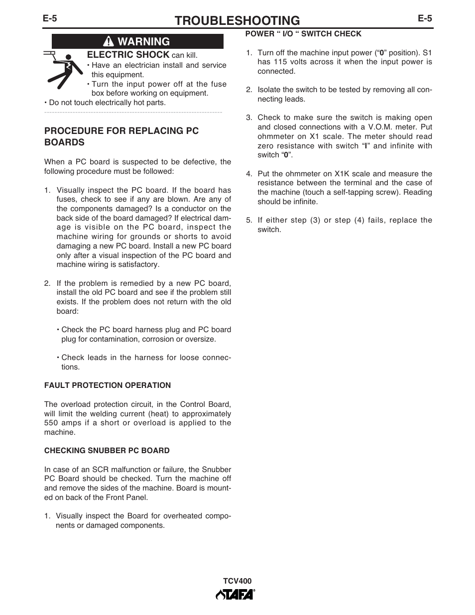 Troubleshooting, Warning | Lincoln Electric IM10063 TCV400 User Manual | Page 24 / 31