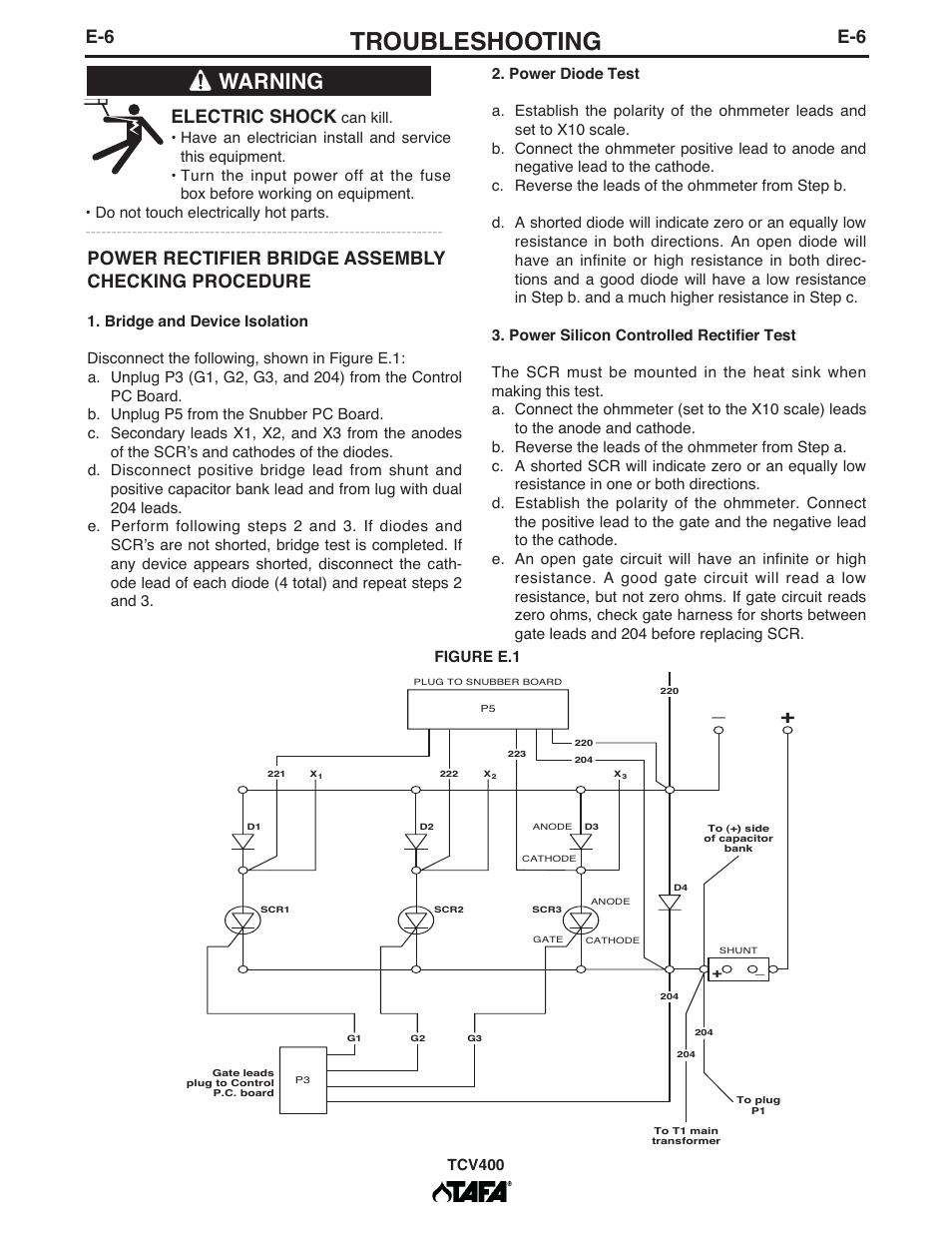 Troubleshooting, Warning, Power rectifier bridge assembly checking procedure | Electric shock | Lincoln Electric IM10063 TCV400 User Manual | Page 25 / 31