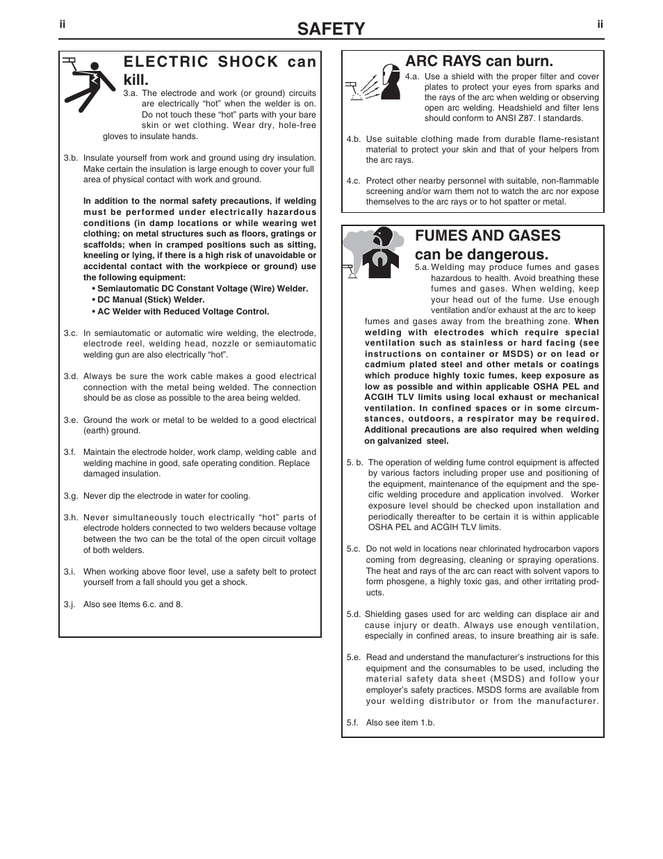 Safety, Arc rays can burn, Electric shock can kill | Fumes and gases can be dangerous | Lincoln Electric IM10063 TCV400 User Manual | Page 3 / 31