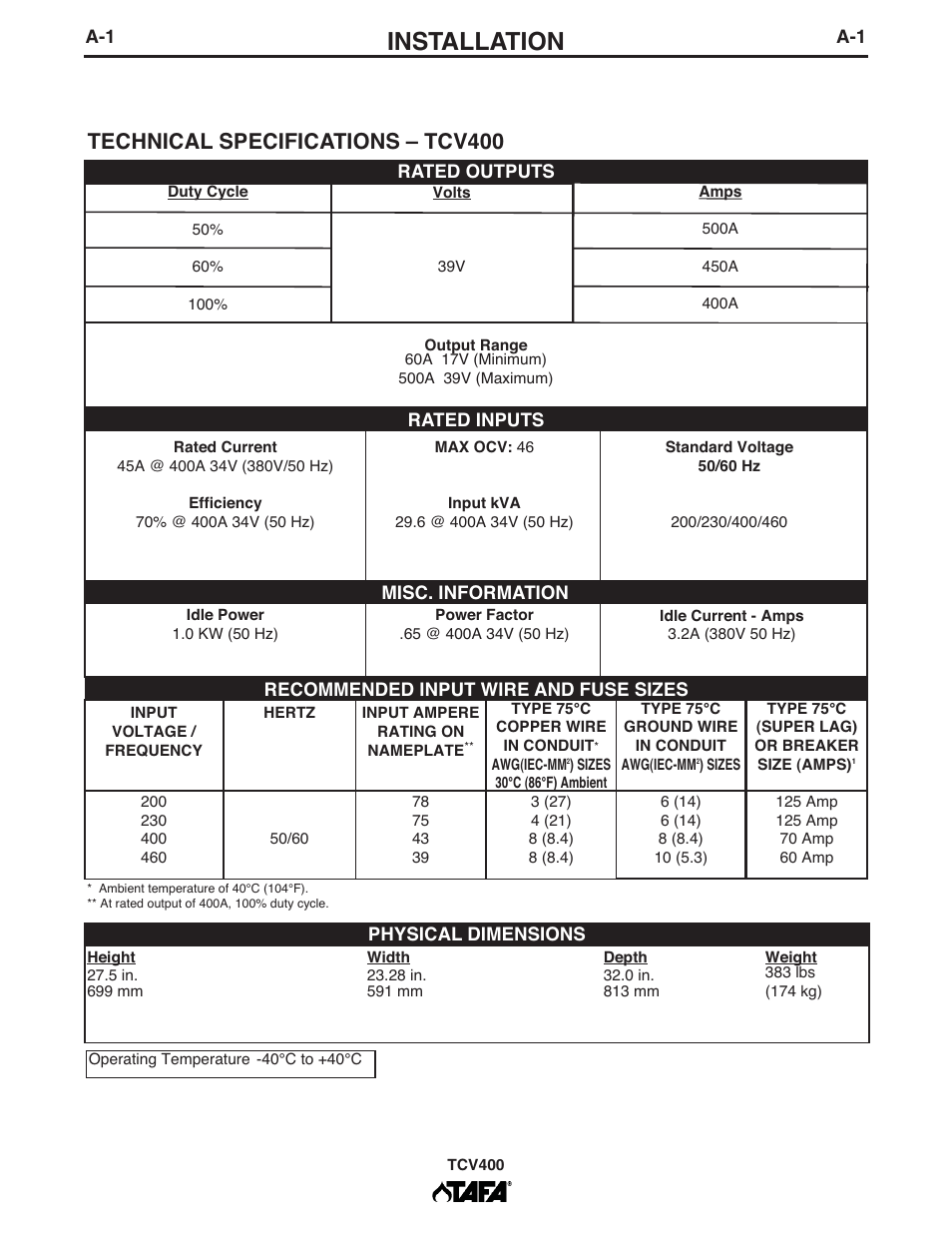 Installation, Technical specifications – tcv400 | Lincoln Electric IM10063 TCV400 User Manual | Page 9 / 31