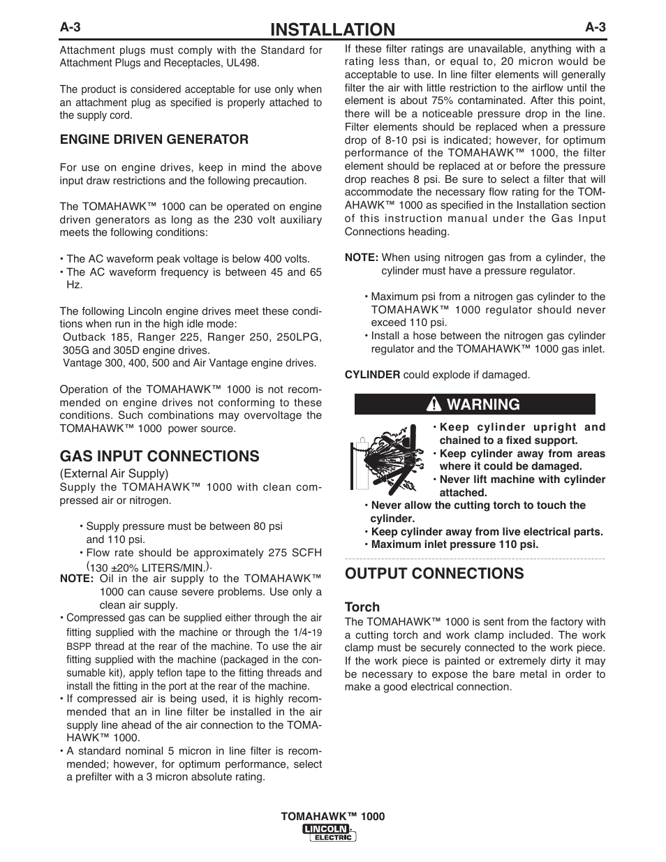 Installation, Gas input connections, Output connections | Warning | Lincoln Electric IM10026 TOMAHAWK 1000 User Manual | Page 10 / 34