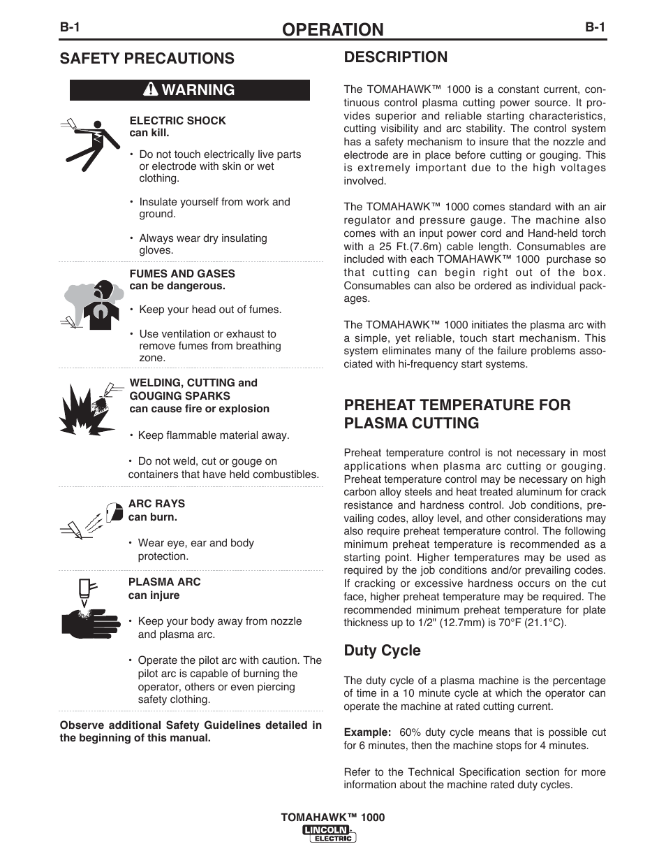 Operation, Safety precautions description, Preheat temperature for plasma cutting | Duty cycle, Warning | Lincoln Electric IM10026 TOMAHAWK 1000 User Manual | Page 11 / 34