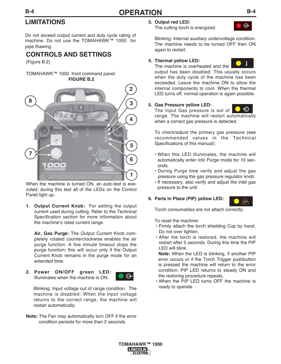 Operation, Controls and settings, Limitations | Lincoln Electric IM10026 TOMAHAWK 1000 User Manual | Page 14 / 34