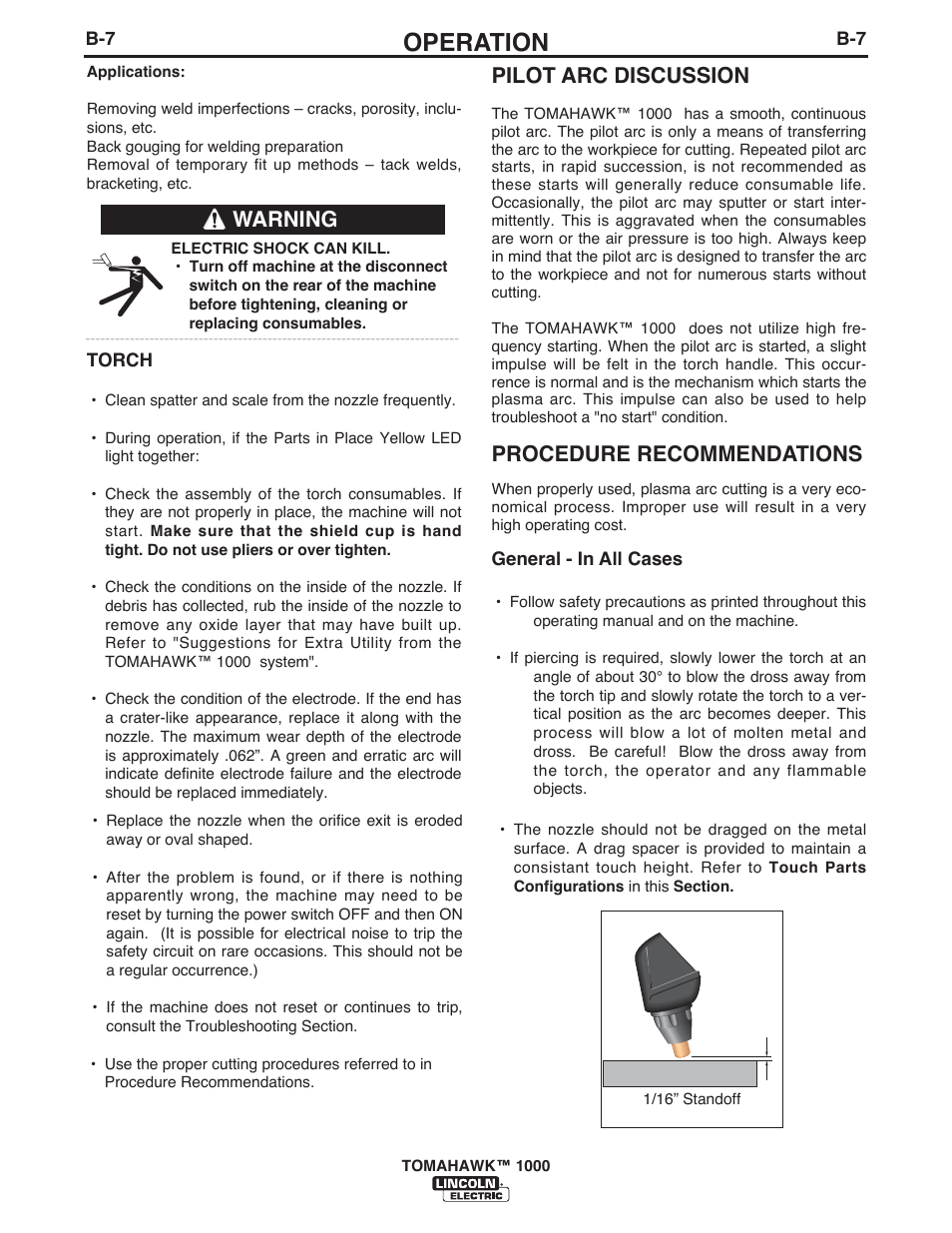 Operation, Procedure recommendations, Pilot arc discussion | Warning | Lincoln Electric IM10026 TOMAHAWK 1000 User Manual | Page 17 / 34