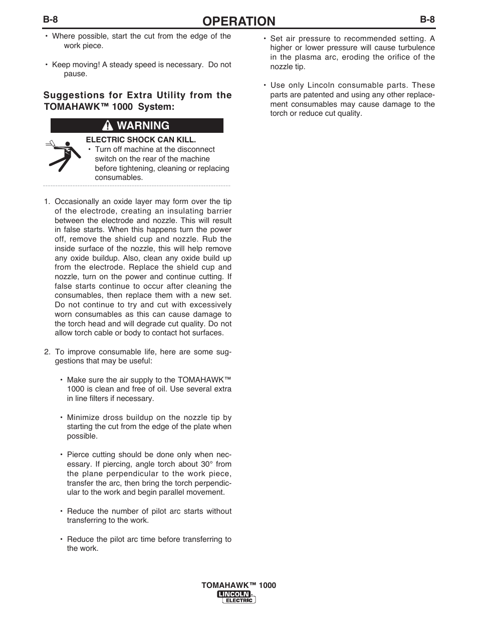 Operation, Warning | Lincoln Electric IM10026 TOMAHAWK 1000 User Manual | Page 18 / 34