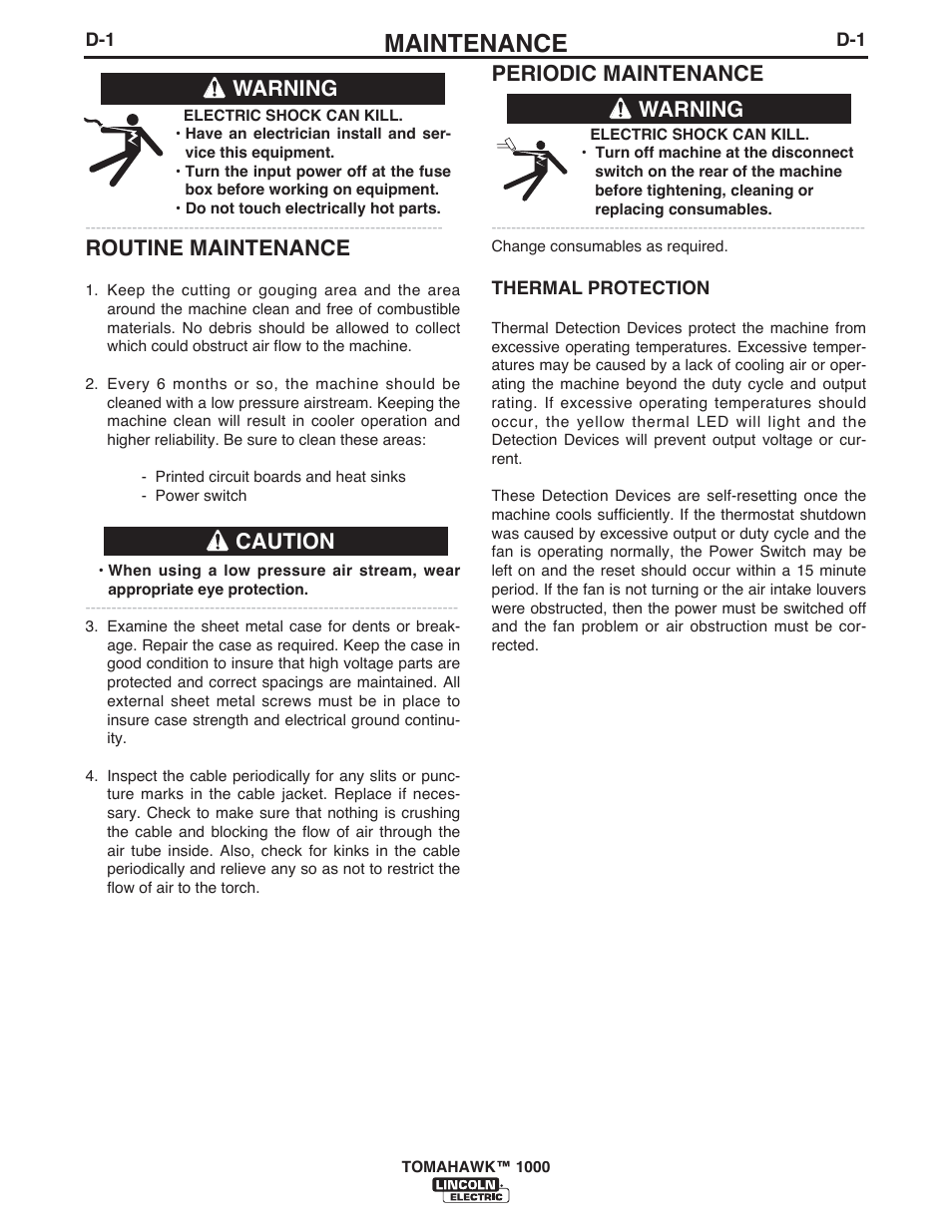 Maintenance, Periodic maintenance, Routine maintenance | Warning, Warning caution | Lincoln Electric IM10026 TOMAHAWK 1000 User Manual | Page 23 / 34