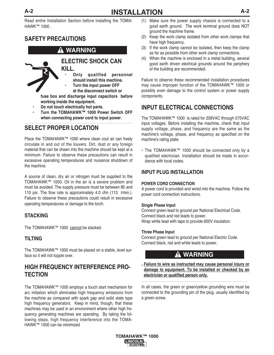 Installation, Safety precautions electric shock can kill, Select proper location | High frequency interference pro- tection, Input electrical connections, Warning | Lincoln Electric IM10026 TOMAHAWK 1000 User Manual | Page 9 / 34