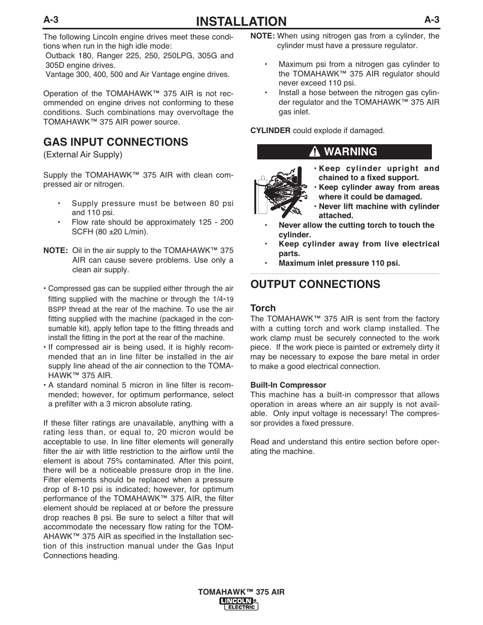 Installation, Gas input connections, Output connections | Warning | Lincoln Electric IM10015 TOMAHAWK 375 AIR User Manual | Page 10 / 32