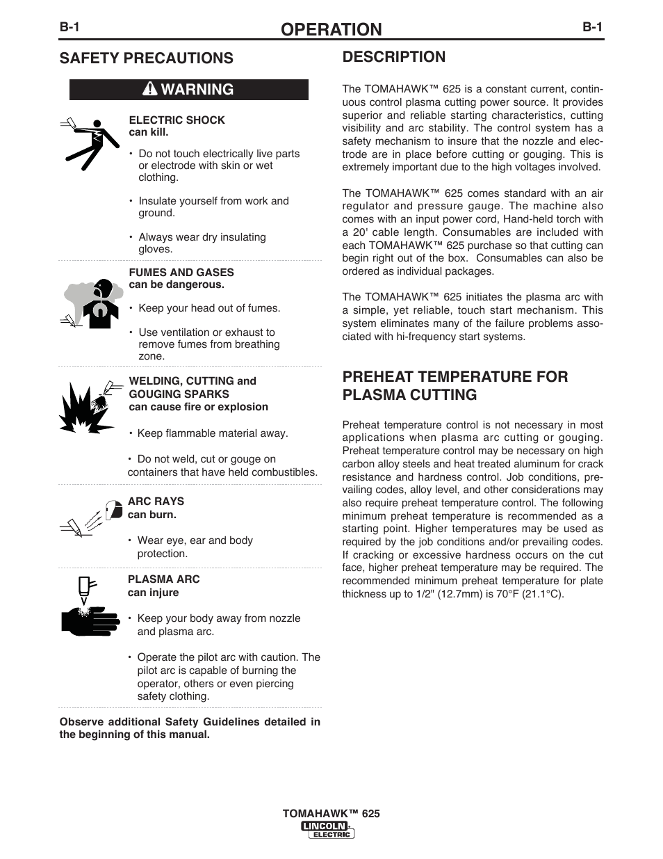 Operation, Safety precautions description, Preheat temperature for plasma cutting | Warning | Lincoln Electric IM10020 TOMAHAWK 625 User Manual | Page 11 / 34
