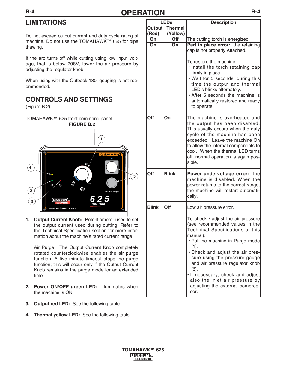 Operation, Controls and settings, Limitations | Lincoln Electric IM10020 TOMAHAWK 625 User Manual | Page 14 / 34