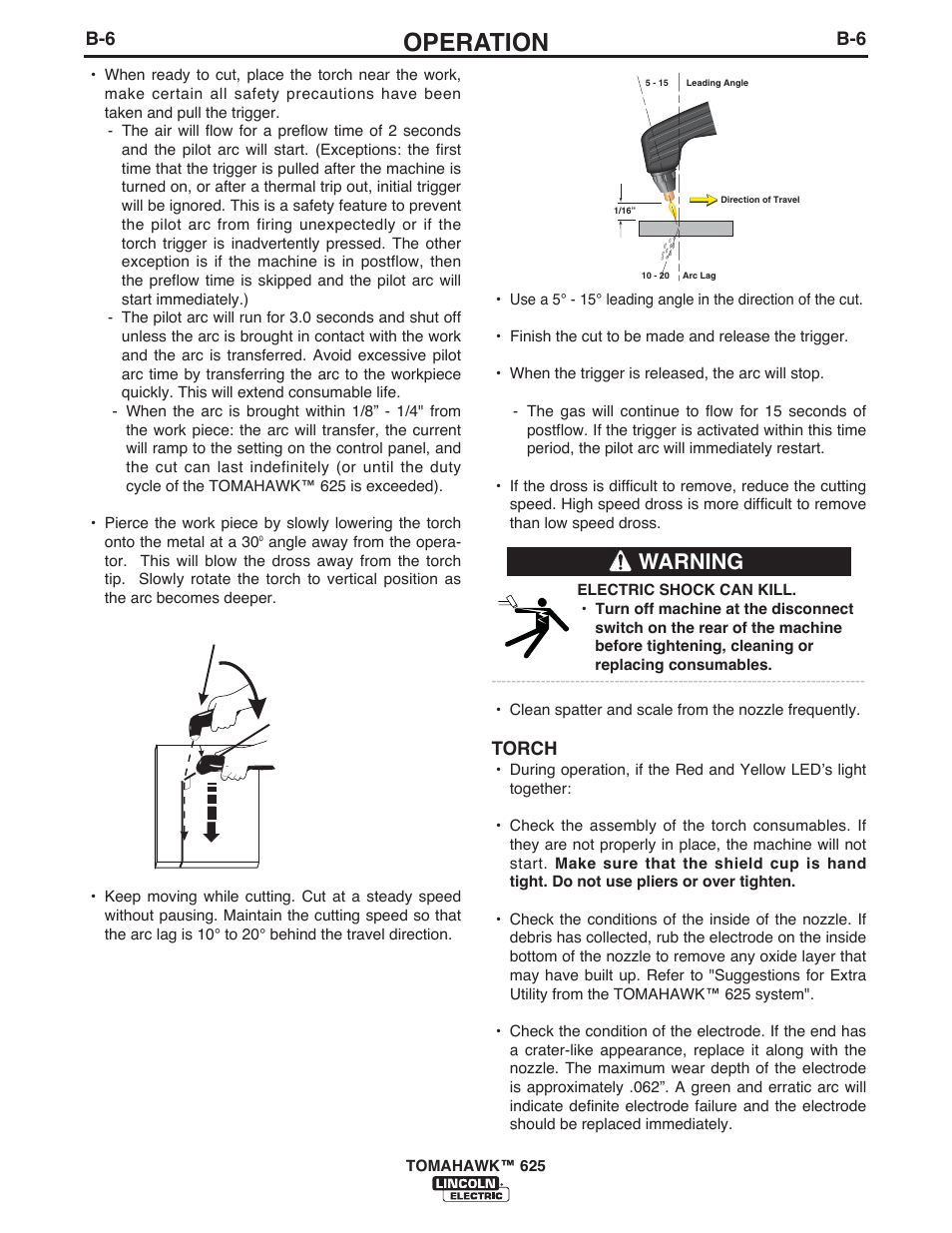 Operation, Warning, Torch | Lincoln Electric IM10020 TOMAHAWK 625 User Manual | Page 16 / 34