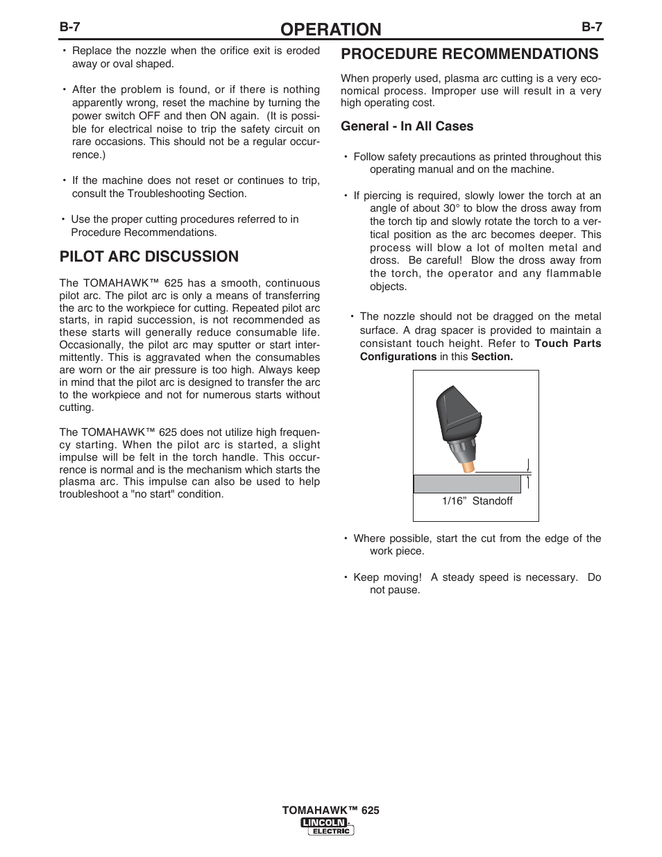 Operation, Procedure recommendations, Pilot arc discussion | Lincoln Electric IM10020 TOMAHAWK 625 User Manual | Page 17 / 34