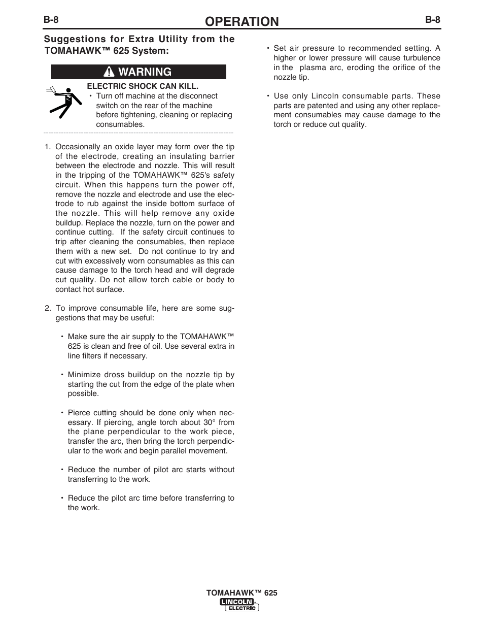 Operation, Warning | Lincoln Electric IM10020 TOMAHAWK 625 User Manual | Page 18 / 34