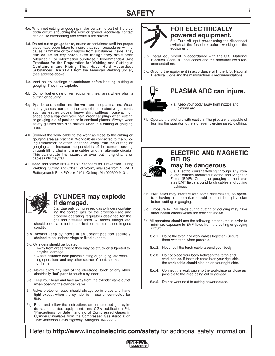 Safety, For electrically powered equipment, Cylinder may explode if damaged | Electric and magnetic fields may be dangerous, Plasma arc can injure | Lincoln Electric IM10020 TOMAHAWK 625 User Manual | Page 3 / 34