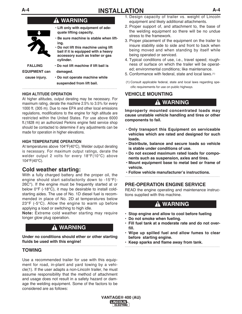 Installation, Cold weather starting, Warning | Lincoln Electric IM10048 VANTAGE 400 (AU) User Manual | Page 14 / 48