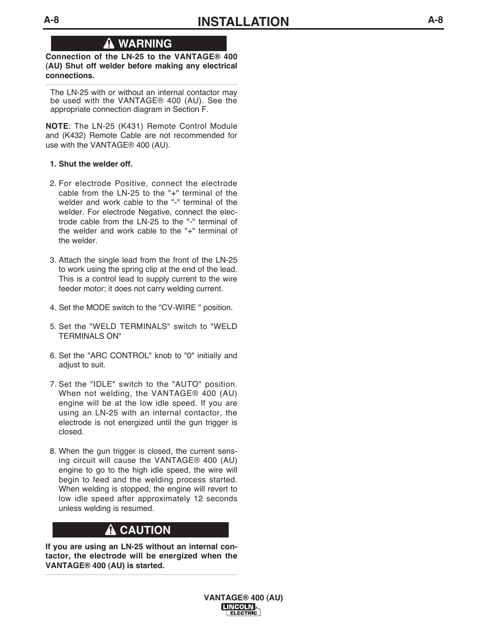 Installation, Warning caution | Lincoln Electric IM10048 VANTAGE 400 (AU) User Manual | Page 18 / 48