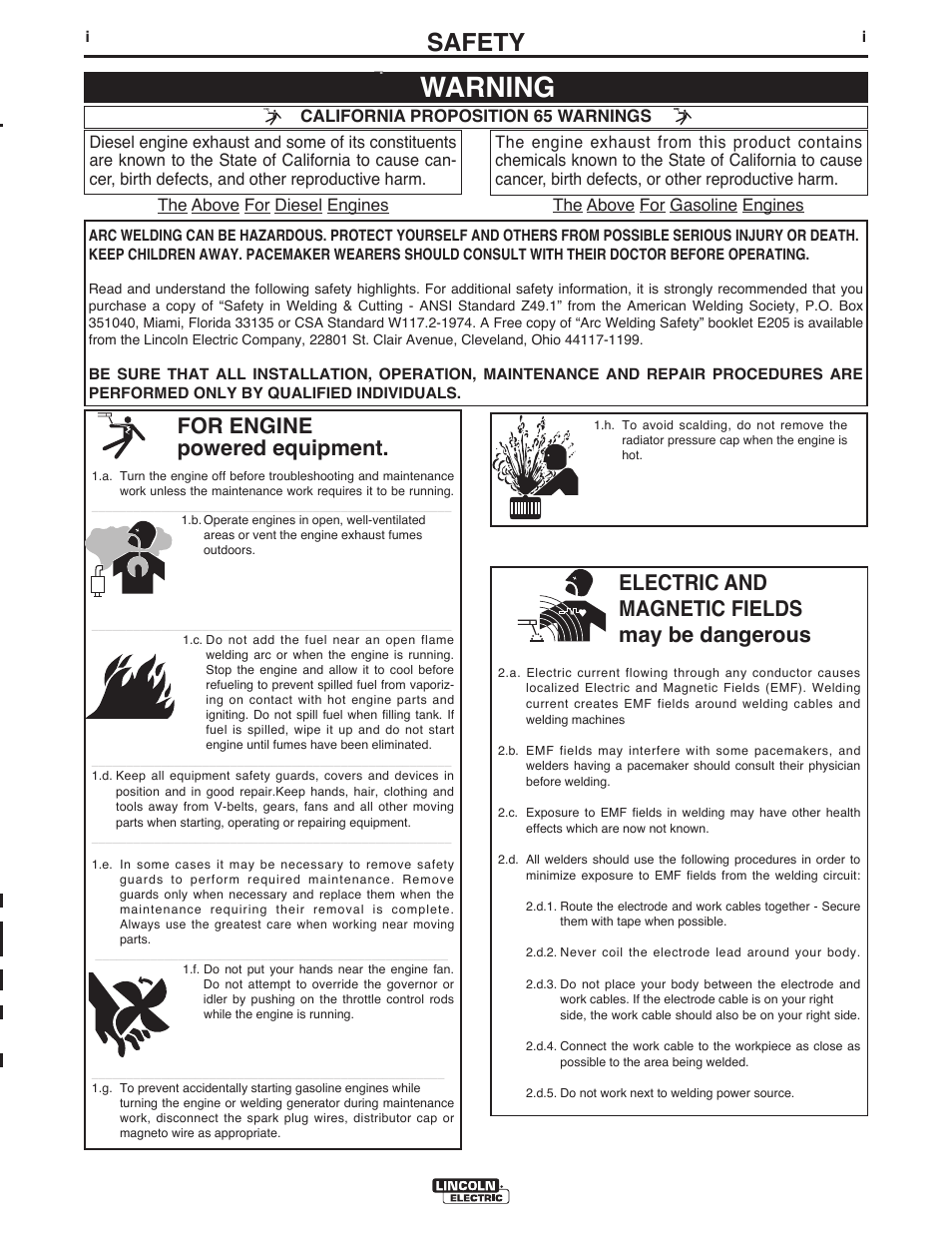 Warning, Safety, For engine powered equipment | Electric and magnetic fields may be dangerous | Lincoln Electric IM10048 VANTAGE 400 (AU) User Manual | Page 2 / 48