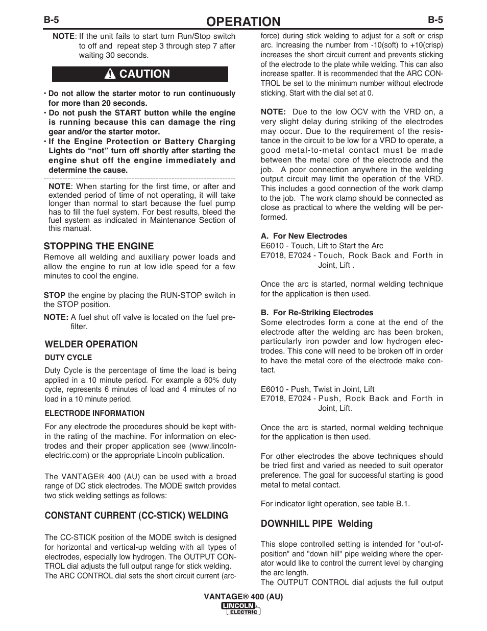 Operation, Caution | Lincoln Electric IM10048 VANTAGE 400 (AU) User Manual | Page 23 / 48