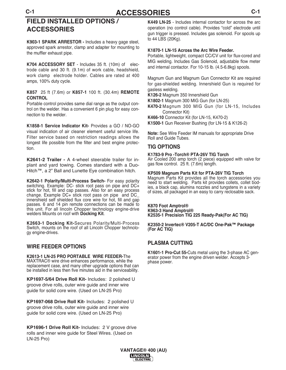 Accessories, Field installed options / accessories | Lincoln Electric IM10048 VANTAGE 400 (AU) User Manual | Page 26 / 48