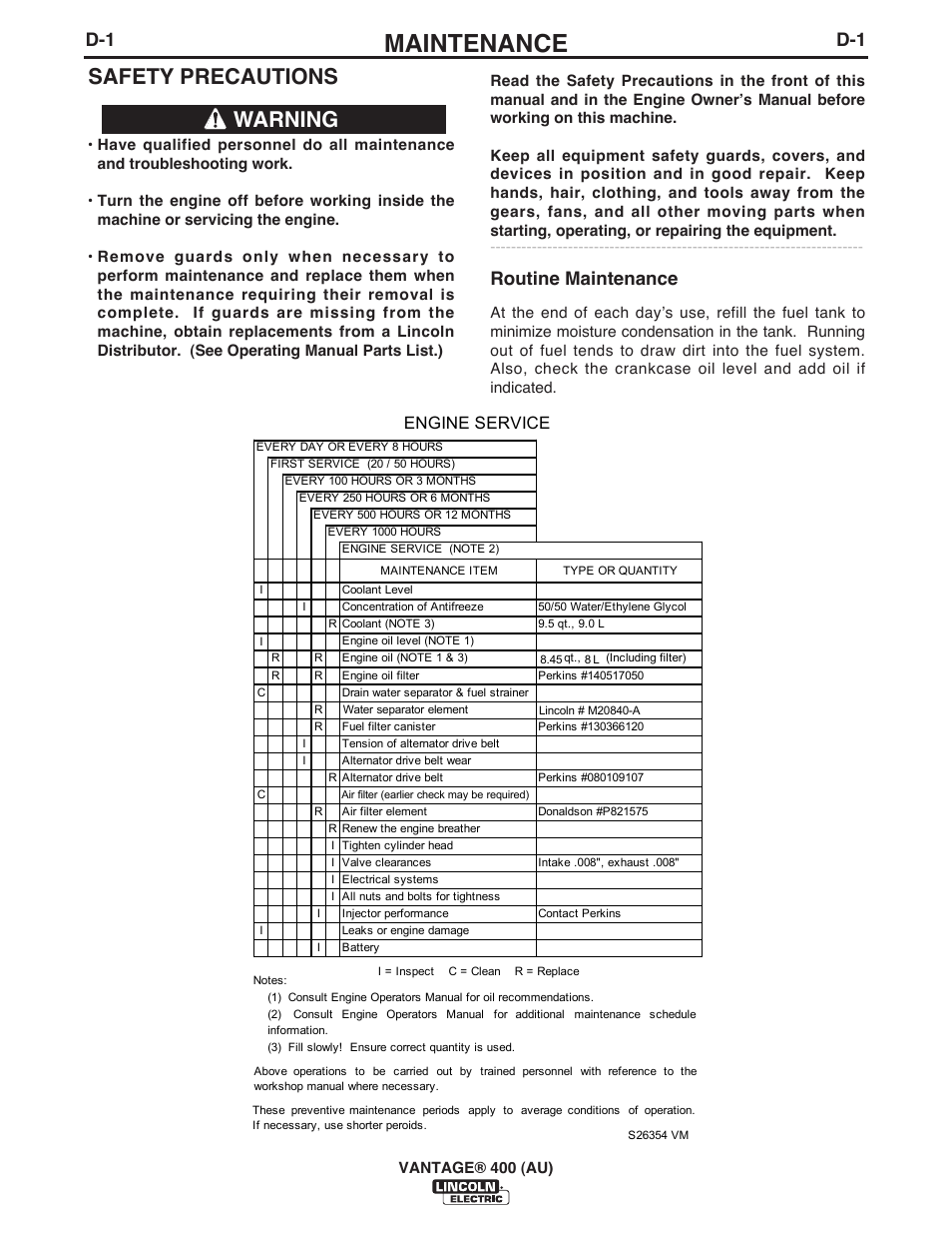 Maintenance, Safety precautions, Warning | Routine maintenance, Engine service | Lincoln Electric IM10048 VANTAGE 400 (AU) User Manual | Page 27 / 48