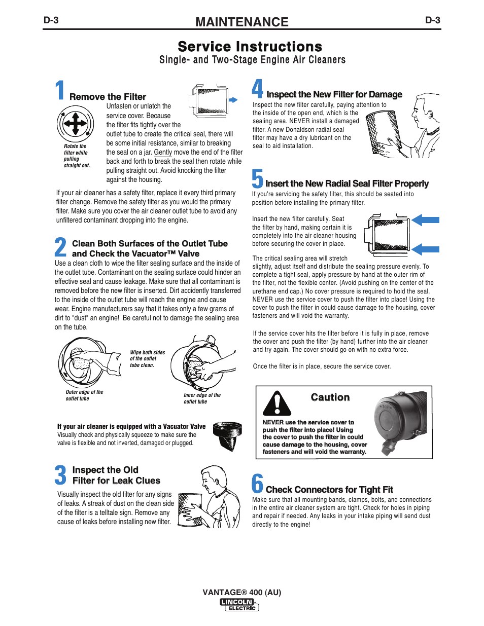 Service instructions, Maintenance, Caution | Single- and two-stage engine air cleaners | Lincoln Electric IM10048 VANTAGE 400 (AU) User Manual | Page 29 / 48