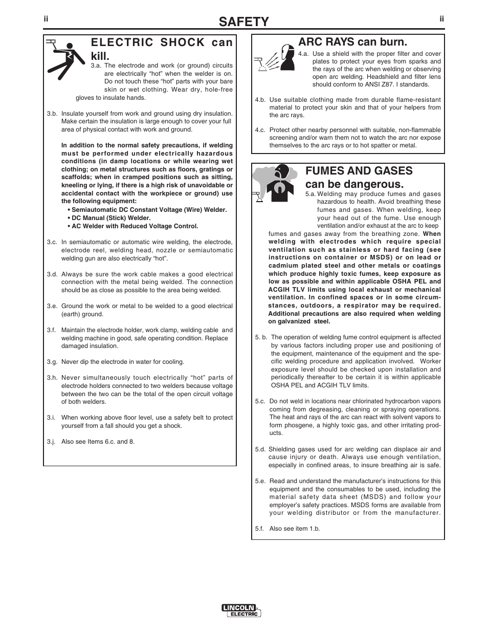 Safety, Arc rays can burn, Electric shock can kill | Fumes and gases can be dangerous | Lincoln Electric IM10048 VANTAGE 400 (AU) User Manual | Page 3 / 48