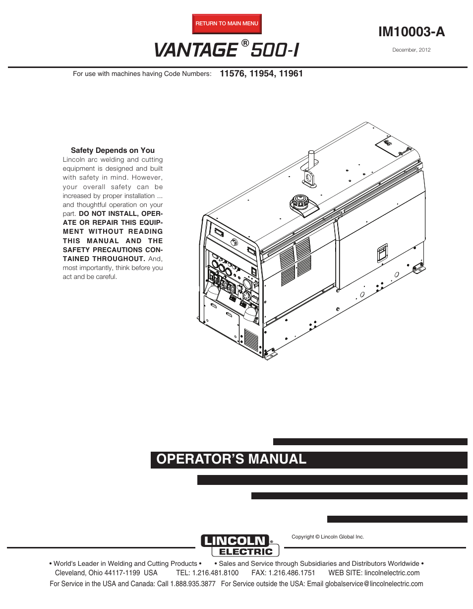 Lincoln Electric IM10003 VANTAGE 500-I User Manual | 44 pages