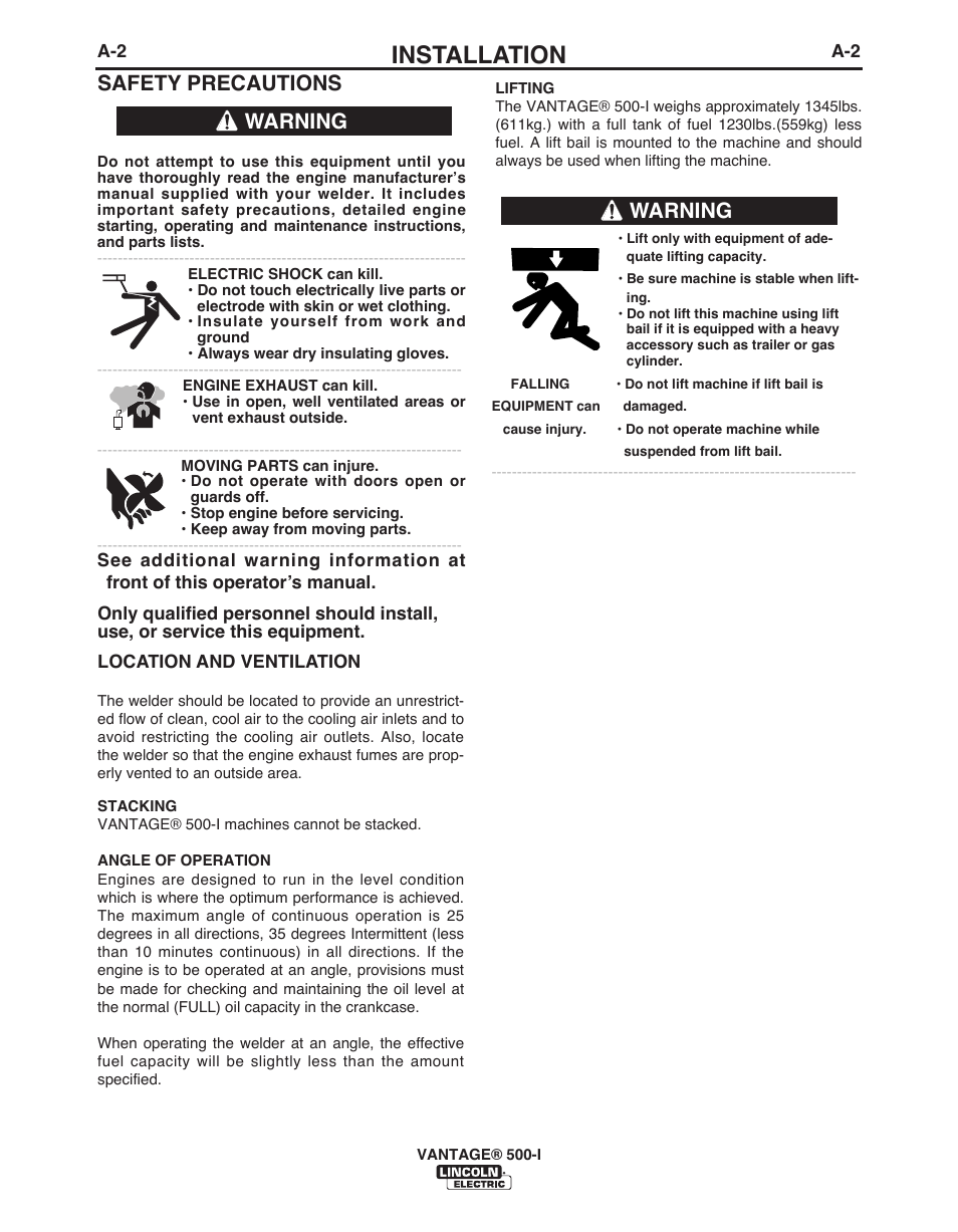 Installation, Safety precautions, Warning | Lincoln Electric IM10003 VANTAGE 500-I User Manual | Page 10 / 44