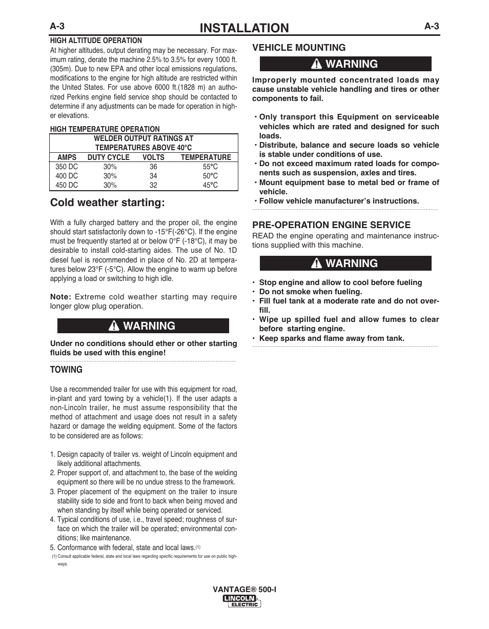 Installation, Cold weather starting, Warning | Lincoln Electric IM10003 VANTAGE 500-I User Manual | Page 11 / 44