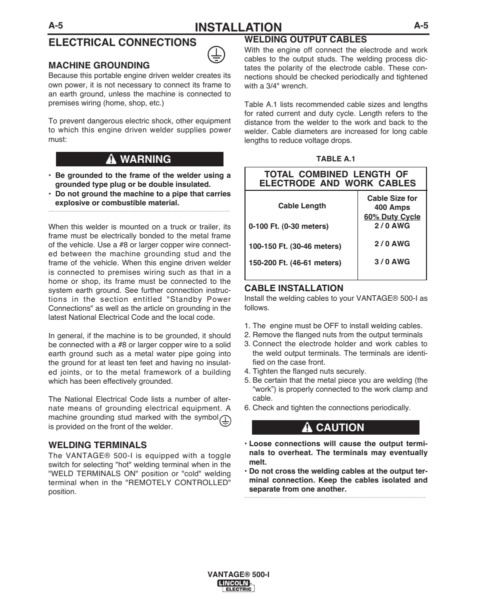 Installation, Electrical connections, Warning | Caution | Lincoln Electric IM10003 VANTAGE 500-I User Manual | Page 13 / 44