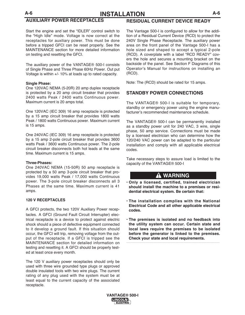 Installation, Warning | Lincoln Electric IM10003 VANTAGE 500-I User Manual | Page 14 / 44