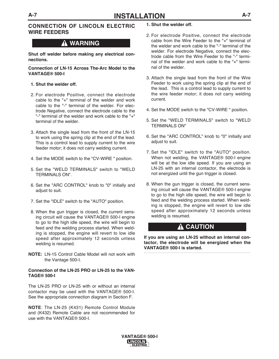 Installation, Warning caution | Lincoln Electric IM10003 VANTAGE 500-I User Manual | Page 15 / 44