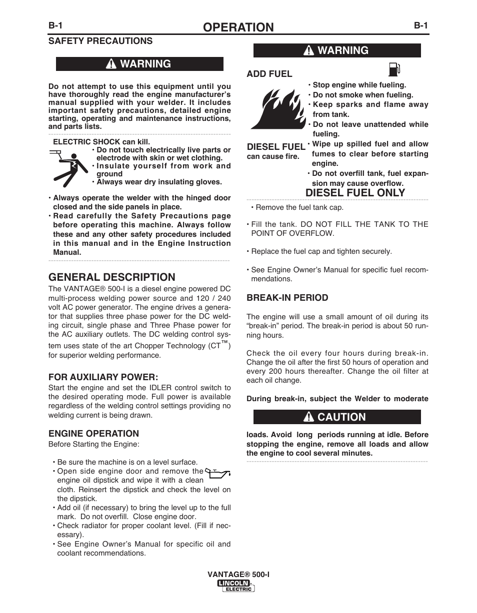 Operation, General description, Diesel fuel only | Warning, Warning caution | Lincoln Electric IM10003 VANTAGE 500-I User Manual | Page 16 / 44