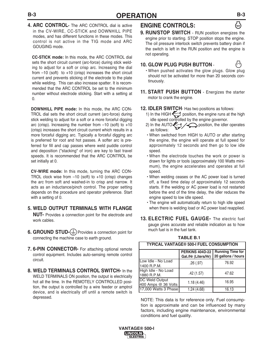 Operation, Engine controls | Lincoln Electric IM10003 VANTAGE 500-I User Manual | Page 18 / 44