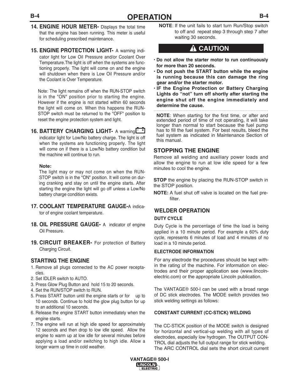 Operation, Caution | Lincoln Electric IM10003 VANTAGE 500-I User Manual | Page 19 / 44