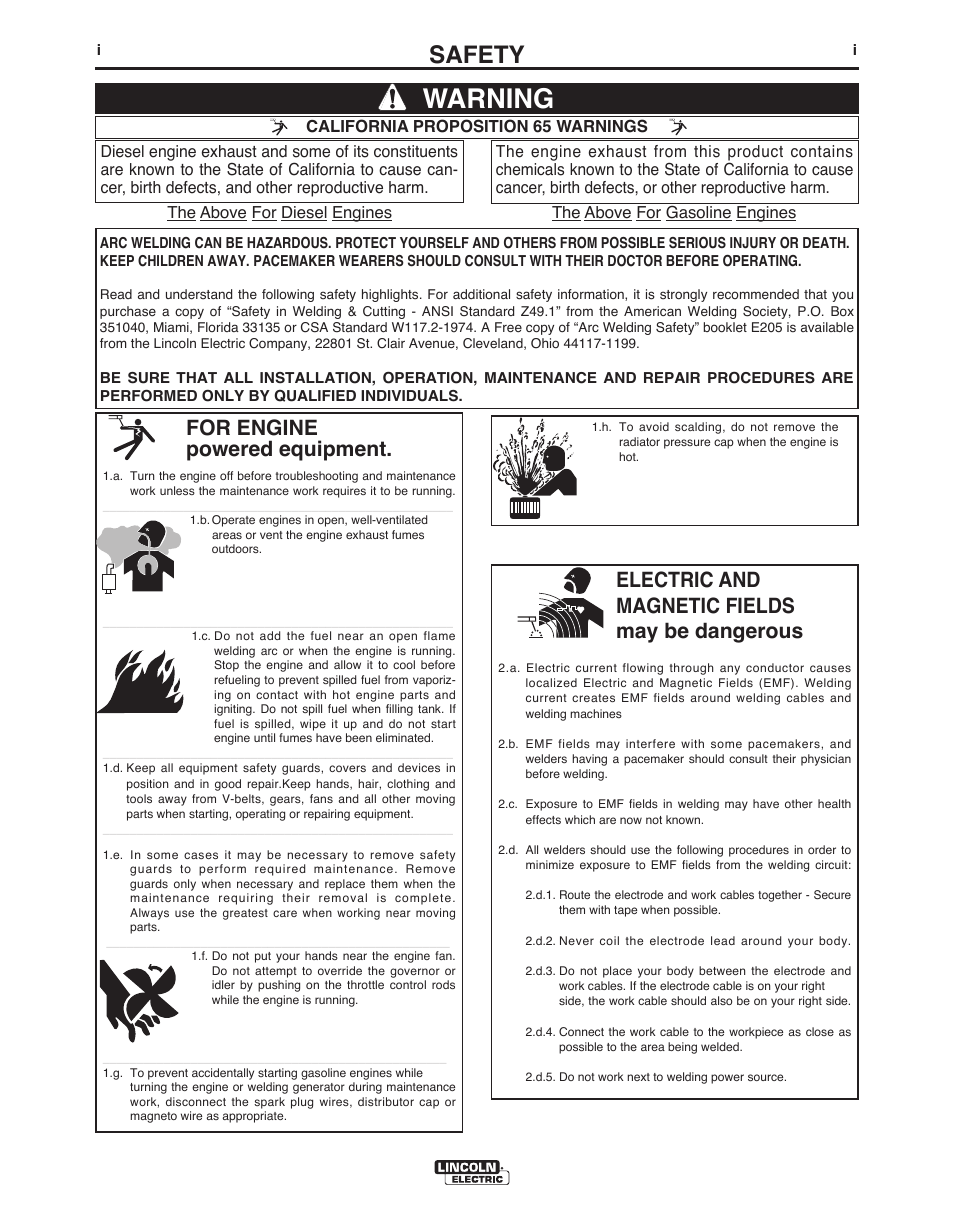 Warning, Safety, For engine powered equipment | Electric and magnetic fields may be dangerous | Lincoln Electric IM10003 VANTAGE 500-I User Manual | Page 2 / 44